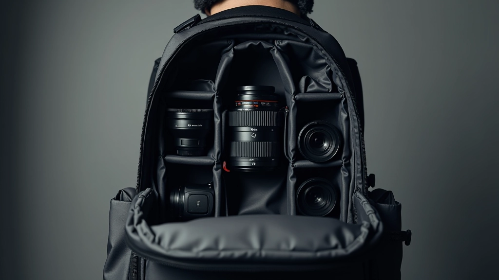 Otevřený fotobatoh s vnitřní strukturou, odnímatelným dělítky a organizéry pro fotoaparát a objektivy